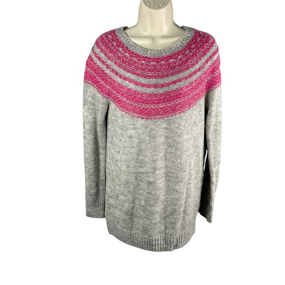 Ann Taylor Loft Sweater Womens XS Gray Pink Fair Isle Wool Mohair Blend Knit - Picture 1 of 6